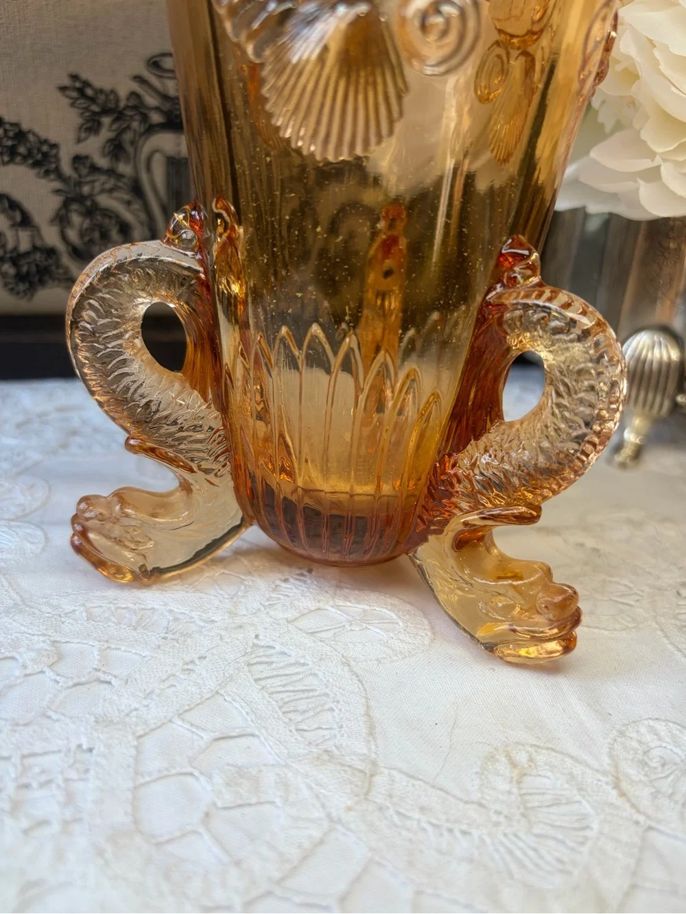 Westmoreland Amber glass footed vase seashells vintage coastal retro  beach deco